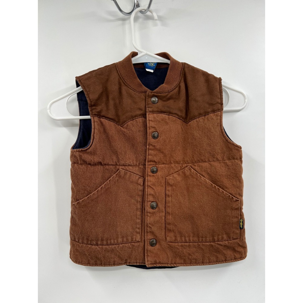 OshKosh 4 Puffer Vest Kids Brown Western Canvas Snap Front Ribbed Collar‎